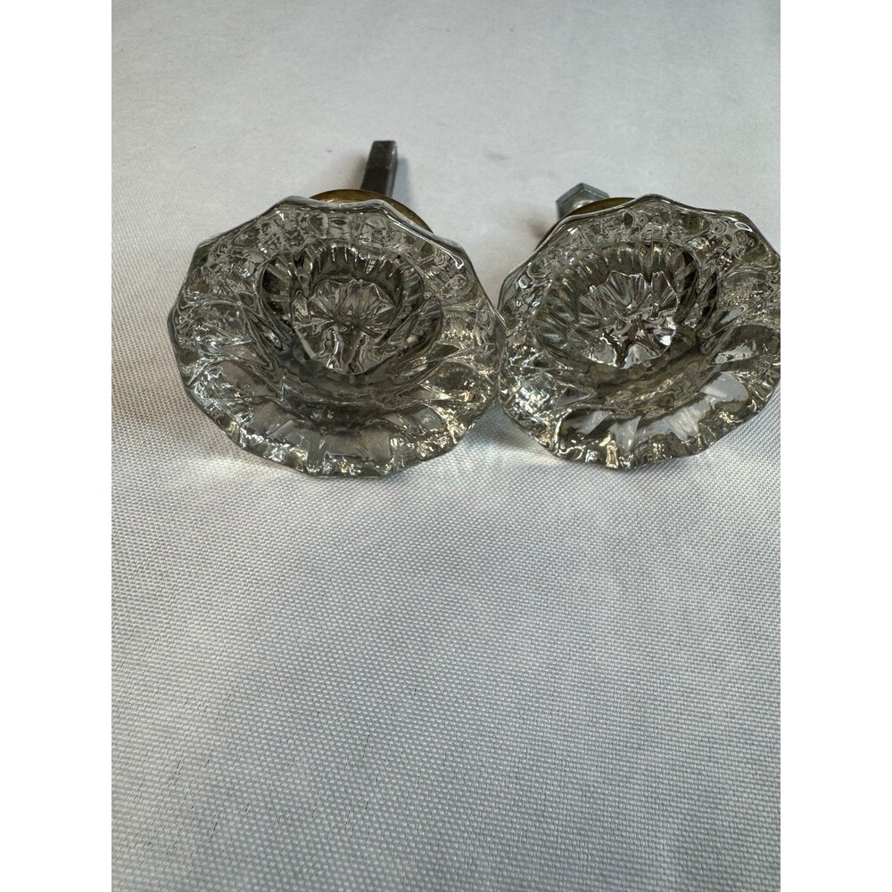 Vintage Pair Fluted Clear Glass Door Knobs Brass Shank 12 Point Starburst 2.25"